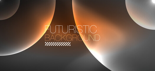 Shiny neon geometric abstract background. Glowing lights on round shapes, triangles and circles. Wallpaper for concept of AI technology, blockchain, communication, 5G, science, business