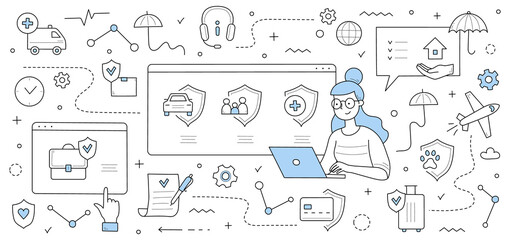 Insurance service doodle concept. Woman with laptop choose safety policy for health, life, property, family or pets protection with outline icons around. Secure assurance Linear vector illustration