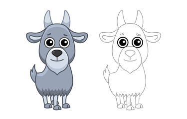 Farm animal for children coloring book. Vector illustration of funny goat in a cartoon style. Trace the dots and color the picture