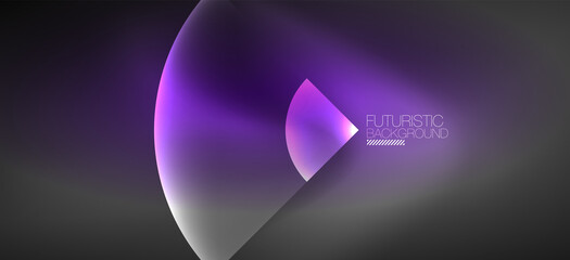 Shiny neon geometric abstract background. Glowing lights on round shapes, triangles and circles. Wallpaper for concept of AI technology, blockchain, communication, 5G, science, business