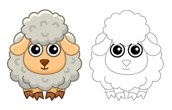 Farm animal for children coloring book. Vector illustration of funny sheep in a cartoon style. Trace the dots and color the picture