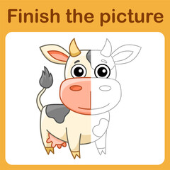 Connect the dot and complete the picture. Simple coloring book of cow. Drawing game for children