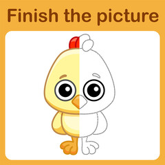 Connect the dot and complete the picture. Simple coloring book of chicken. Drawing game for children