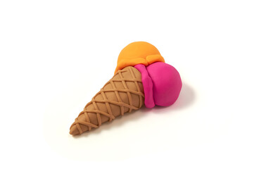 Delicious ice cream in a waffle cone made of plasticine. Ice cream in pink and yellow colors isolated on white background. Ice cream cone handmade in colored clay. 3d artwork