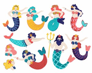 Set of beautiful mermaids and Poseidon with colored hair and decor isolated on white. Collection of mythical sea women with tails for postcards, posters, stickers. Cute cartoon vector illustration