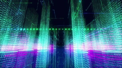 Digital hologram city animation - camera moving between building. Abstract digital security, artificial intelligence concepts. Seamless looping animation.