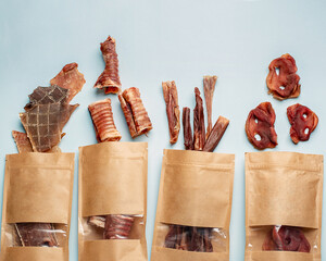Natural dried treats for dogs. Treats for rewarding and training dogs. Dried meat products for...