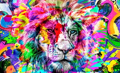 Poster Leeuwenkop met kleurrijk creatief abstract element op witte achtergrond © reznik_val