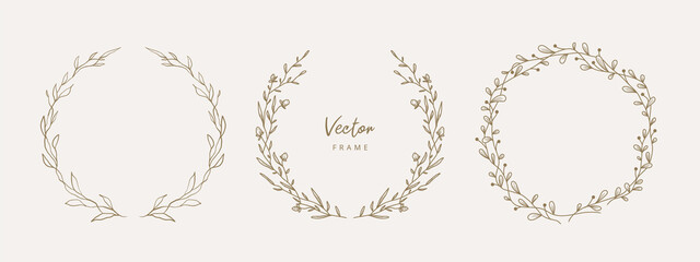 Hand drawn floral frames with flowers, branch and leaves. Wreath. Elegant logo template. Vector illustration for labels, branding business identity, wedding invitation