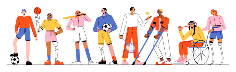 Paralympic disabled athletes, sport people with body injuries. Men and women on wheelchair, bionic leg or arm prosthesis. Young characters soccer, baseball, race, basketball players Flat vector set