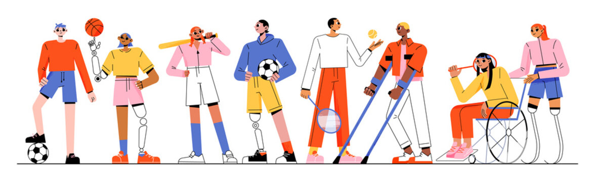 Paralympic Disabled Athletes, Sport People With Body Injuries. Men And Women On Wheelchair, Bionic Leg Or Arm Prosthesis. Young Characters Soccer, Baseball, Race, Basketball Players Flat Vector Set