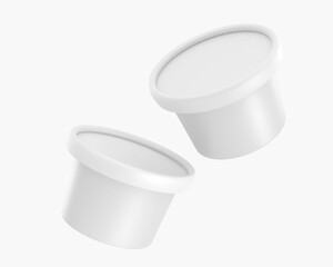 White plastic or paper buckets with closed lids. Realistic set food containers, round jars for ice cream, yogurt, blank tubs for sauce, jam, cheese isolated on background, 3d render mockup packaging
