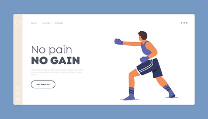Athletic Man in Sportswear and Gloves Boxing on Ring Landing Page Template. Male Character Professional Sportsman Boxer