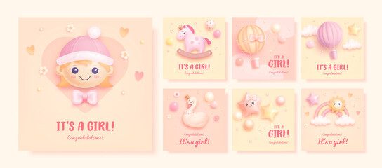 Set of baby shower invitation with cartoon hot air balloon, horse, swan, rainbow, sun, helium balloons and flowers on pink and beige background. It's a girl. Vector illustration