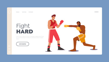 Boxing Sports on Ring Landing Page Template. Couple of Male Characters Sportsmen Boxers Punching and Exchange Blows