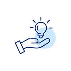 Having an idea creativity process icon. Holding light bulb in a hand. Pixel perfect, editable stroke line art icon