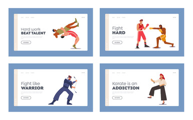 Martial Arts, Sport Competition Landing Page Template Set. Characters in Uniform Presenting Different Fighting. Karate