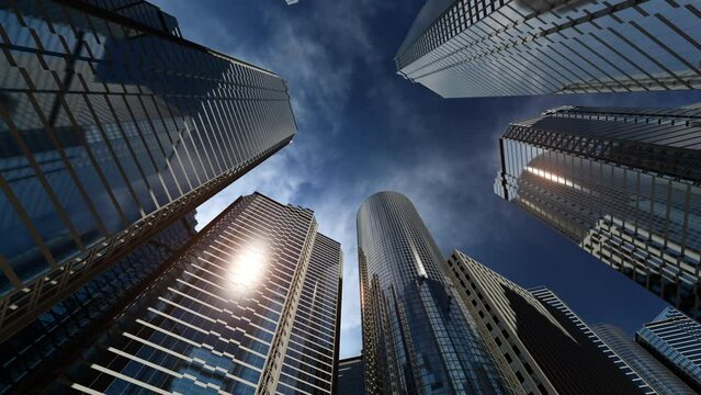 business district business center. timelapse of high-rise mirrored buildings with airplane flying by. concept of business, corporations and finance
