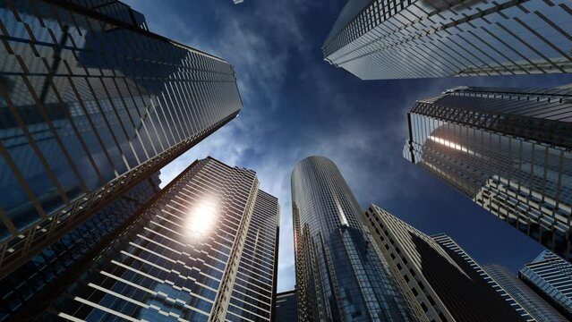 business district business center. timelapse of high-rise mirrored buildings. concept of business, corporations and finance