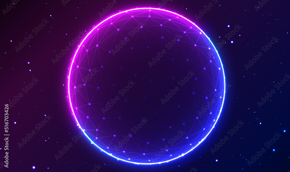 Aufkleber futuristic sci fi modern neon gradient glowing circle frame with glowing mesh on dark space backgrou