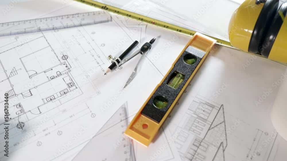 Poster architectural project workplace. top view of house plan blueprint paper with repair tools on table d