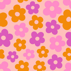 Groovy Daisy Flowers Seamless Pattern. Floral Vector Background in 1970s Hippie Retro Style