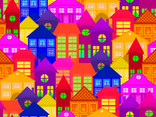 Seamless pattern with painted colorful houses.