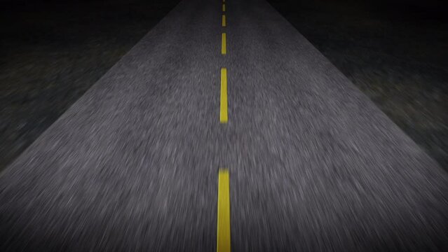 Fast driving on the night road - computer generated loopable animation. Broken yellow lines in the center of the road. Seamless looping animation.