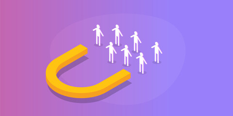 Customer retention, inbound marketing and attracting new customer with magnet conceptual web banner template with gradient background.