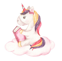 Obraz na płótnie Canvas Watercolor magical unicorn girl on a cloud with a book