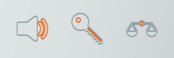 Set line Scales of justice, Speaker volume and Key icon. Vector