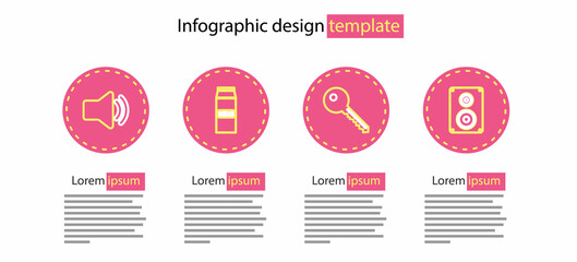 Set line Key, Stereo speaker, Paper package for milk and Speaker volume icon. Vector