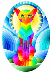 Illustration in stained glass style with abstract geometric cat and the sun on an abstract blue background, oval image