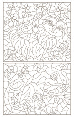 A set of contour illustrations in the style of stained glass with cute sloth and chameleon on tree branches, dark contours on a white background