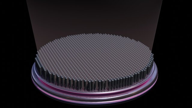 Metalens , Meta-lens. Array Of Small Lenses Mounted On Disk Wafer.  Micro Lenses. Microlenses .Array Of Pins, Connectors On  Microchip. 3d Render Illustration. 