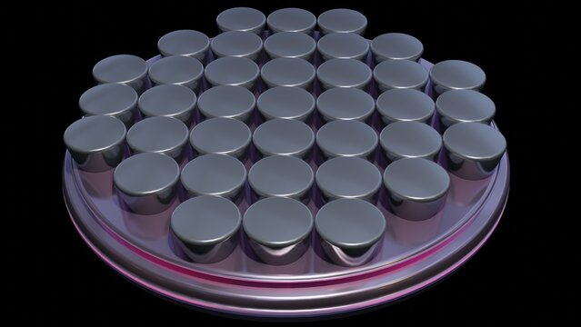 Metalens , Meta-lens. Array of small lenses mounted on disk wafer.  Micro lenses. Microlenses .Array of pins, connectors on  microchip. 3d render illustration. 