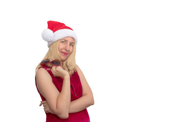 Beautiful female model wear santa hat and red glasses on white background