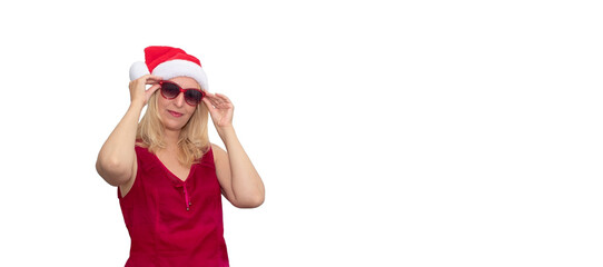 Beautiful female model wear santa hat and red glasses on white background