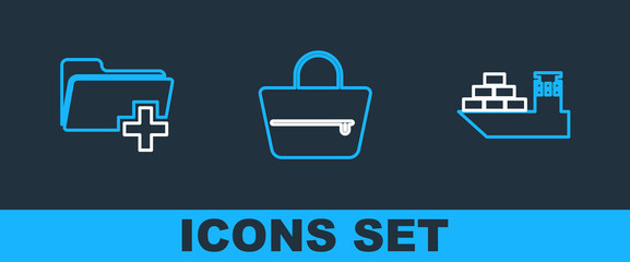 Set line Cargo ship, Add new folder and Handbag icon. Vector