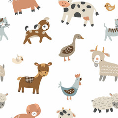 Baby seamless vector illustration with lamb, donkey, chicken, cow, goat, dog, cat, pig on white background. Pattern of farm animals for fabric, children's room decoration, wrapping paper. © Ольга Агуреева