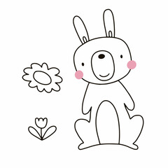Cute hare in doodle style. Vector illustration isolated on white background for nursery and textile decoration