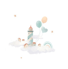 Beautiful baby clip art composition with cute watercolor lighthouse and air balloons. Children stock illustration.