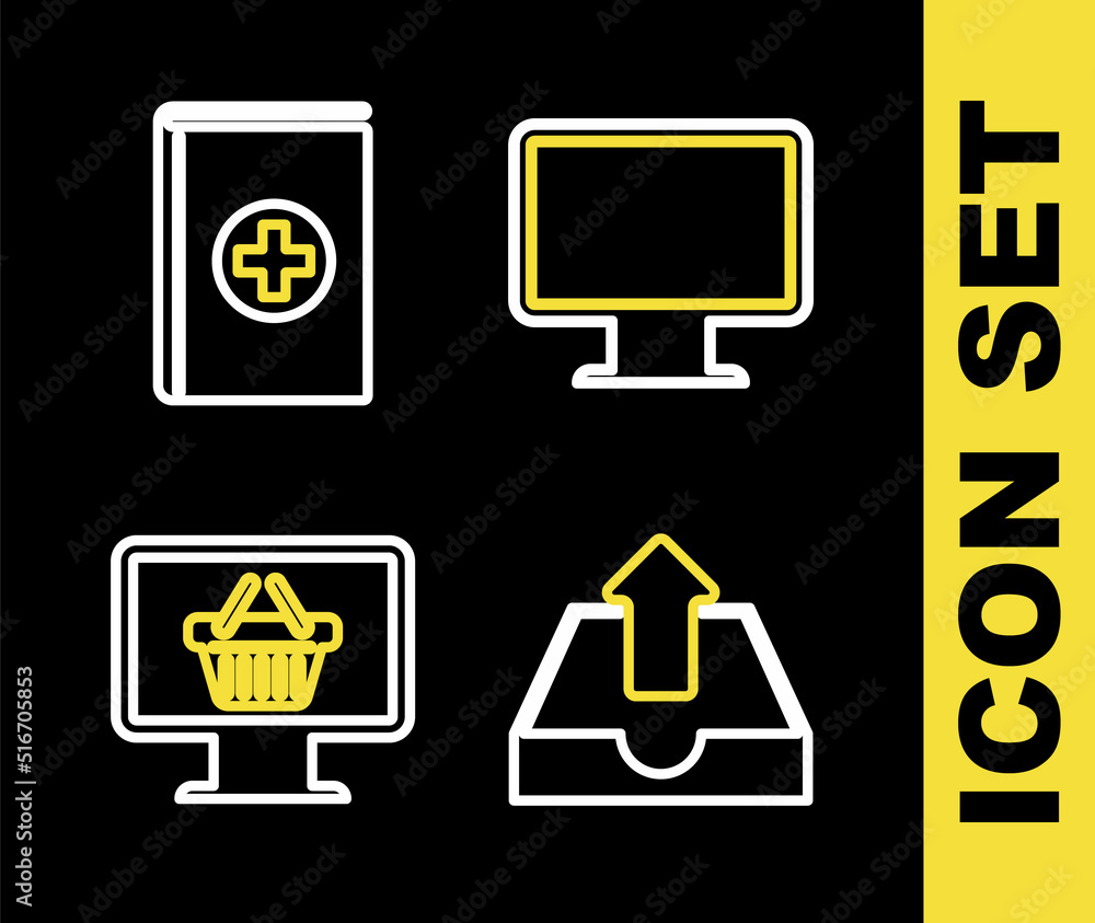 Poster set line computer monitor screen, upload inbox, monitor with shopping basket and medical book icon. 