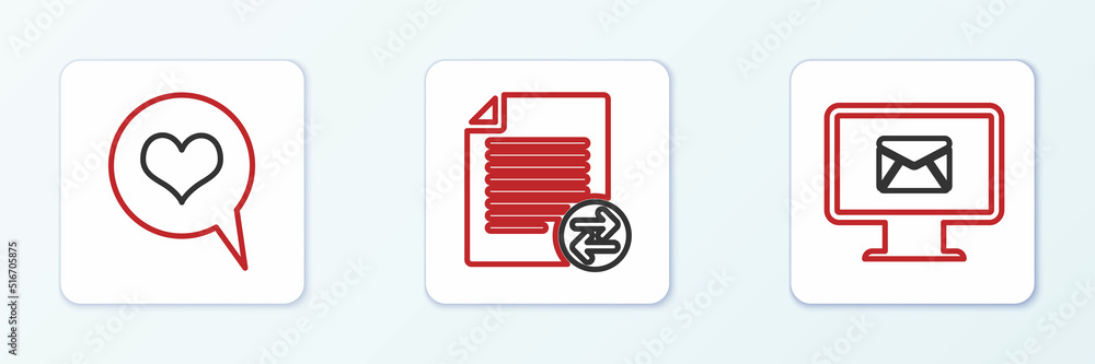 Poster set line monitor and envelope, heart in speech bubble and transfer files icon. vector