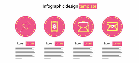 Set line Mail and e-mail, Envelope with Valentine heart, Smartphone dollar and Push pin icon. Vector