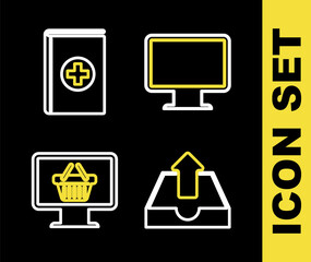 Set line Computer monitor screen, Upload inbox, Monitor with shopping basket and Medical book icon. Vector