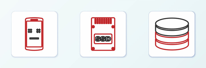 Set line Database, Dead mobile and SSD card icon. Vector