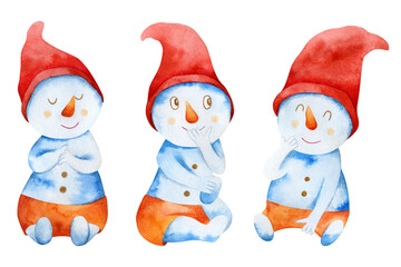 Cute snowmen in hats and scarves hand drawn watercolor christmas character set. New Year, Christmas bright watercolor snowmen isolated on white background.