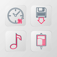 Set line IV bag, Music note, tone, Floppy disk backup and Clock 24 hours icon. Vector