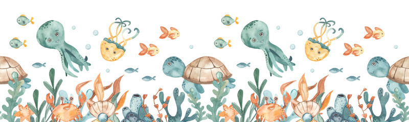 Watercolor seamless border with cute sea creatures, sea turtle, octopus, jellyfish, crab, fish, starfish, algae, corals